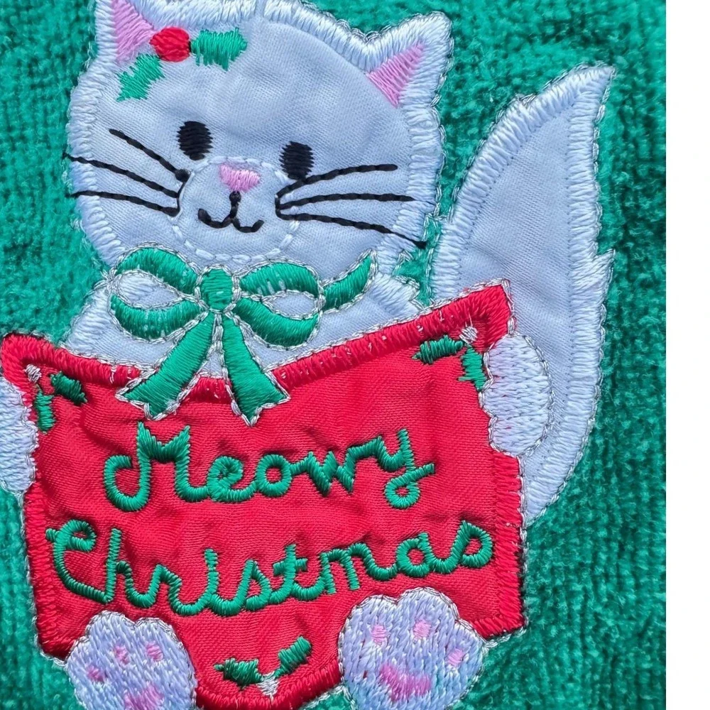 Vintage Meowy Christmas Cat Hand Towel Green Cotton‎ Embroidered Fringe Holiday